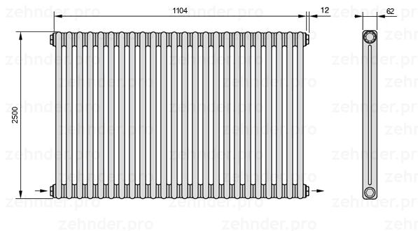 Схема (чертеж) Радиатор Zehnder Charleston 2250/24 №2670 Белый глянцевый RAL 9016